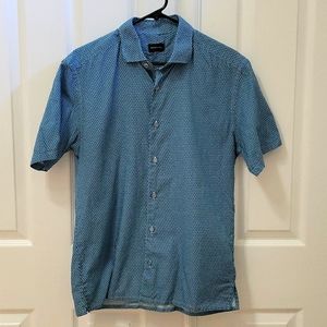 ERMENEGILDO ZEGNA Violin-Print Short-Sleeve Cotton Shirt size Large in Blue